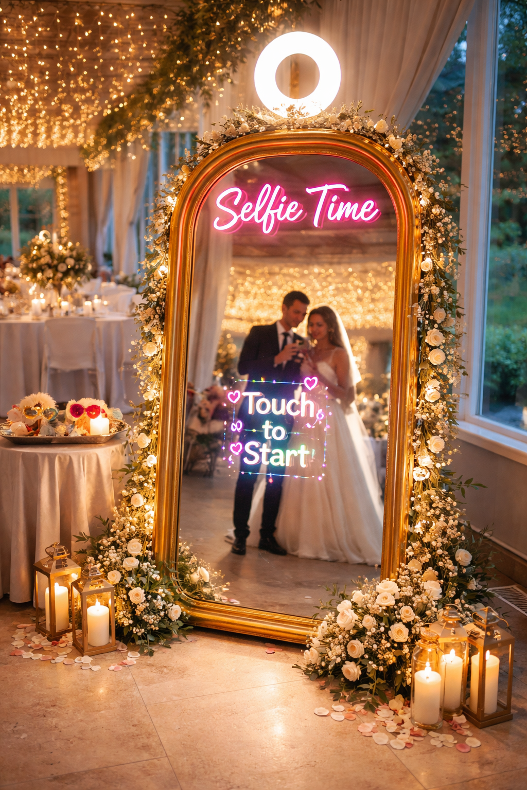Ospiti che si divertono davanti a un photo booth matrimonio con specchio selfie interattivo.